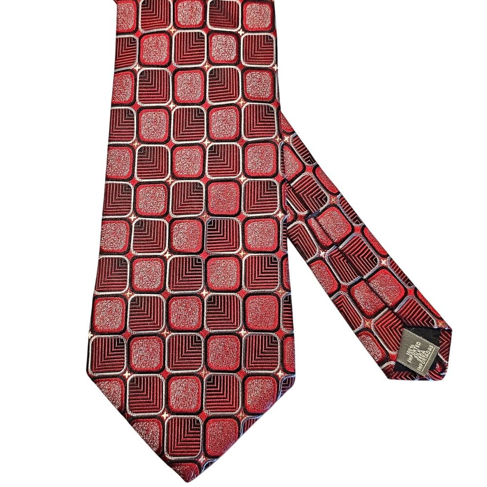 Men Tie Silk Red Geometric Square Pattern Jones New York Business Formal Wide